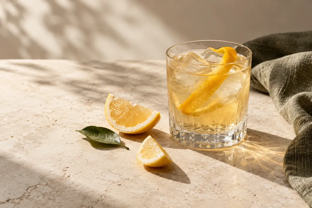 An exploratory citrus beverage visual, with lemon, ice, and olive linen