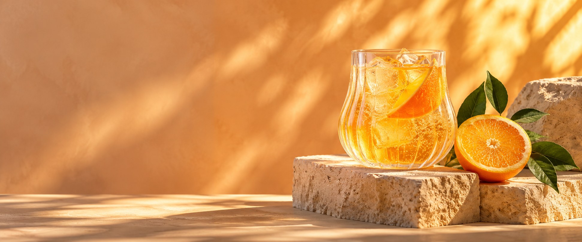 A sparkling golden citrus drink in a clear glass beside a fresh orange on sunlit stone